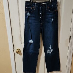 Levi's Distressed Ribcage Straight Ankle  Button-Fly Jeans